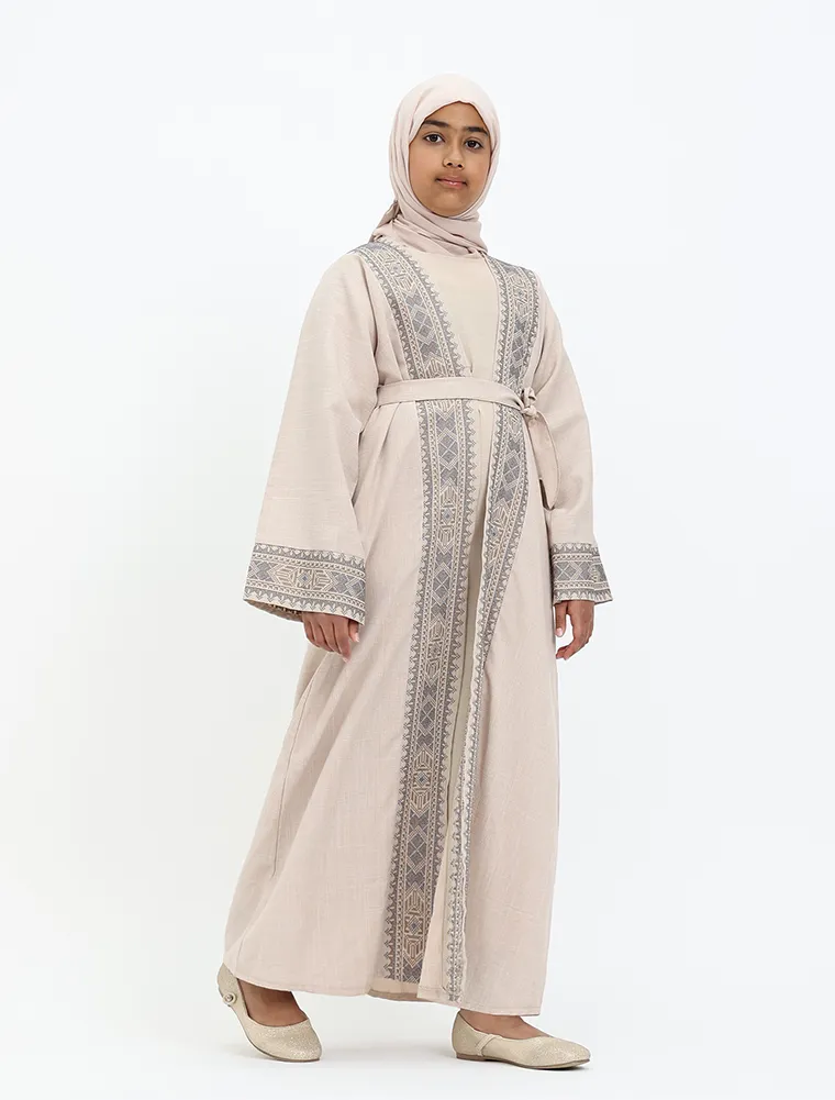 Beige 2 Piece Moroccan Embroidery Girl Abaya